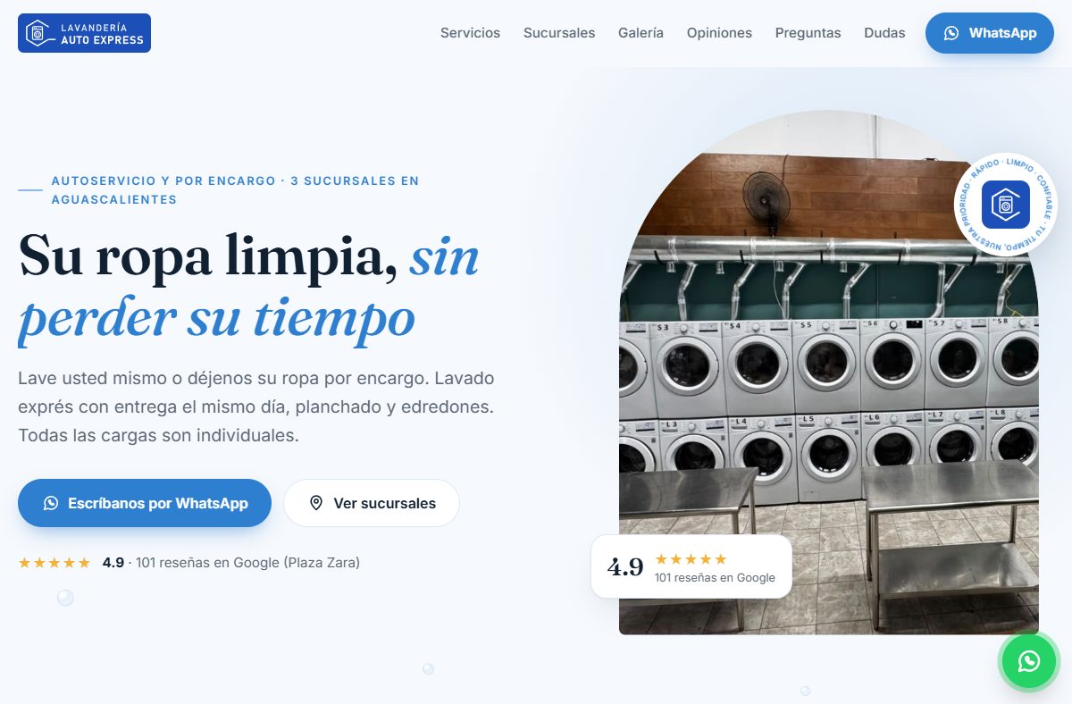 Página web de Lavandería Auto Express, lavandería de autoservicio y por encargo en Aguascalientes
