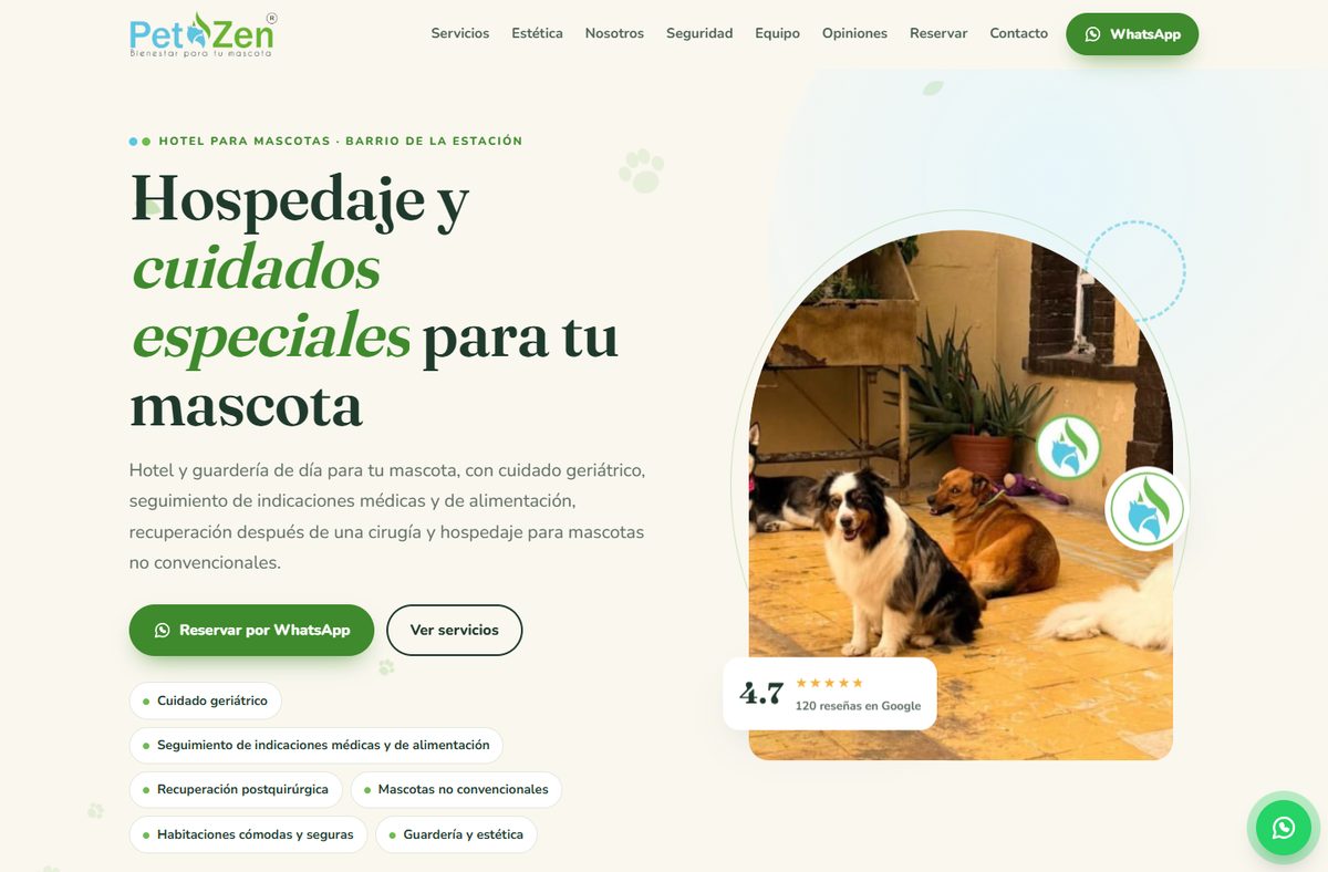Página web de Pet Zen, hotel y guardería para mascotas en Aguascalientes
