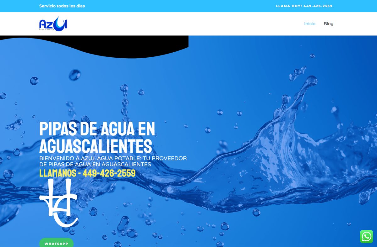 Página web de Azul Agua Potable, pipas de agua en Aguascalientes